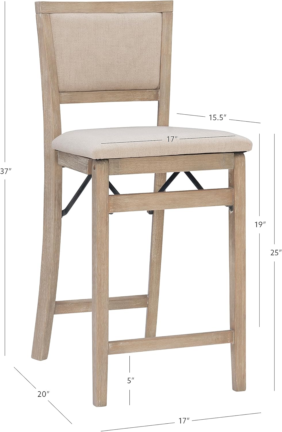 Linon Keira Taburete plegable de madera rústica natural con asiento tapizado beige y respaldo