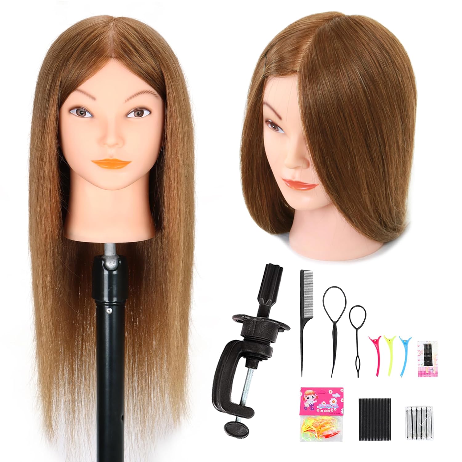 Cabeza de maniquí con cabello humano, cabeza de maniquí de cosmetología de 20 a 22 pulgadas con cabello humano 100% real para trenzar, práctica de