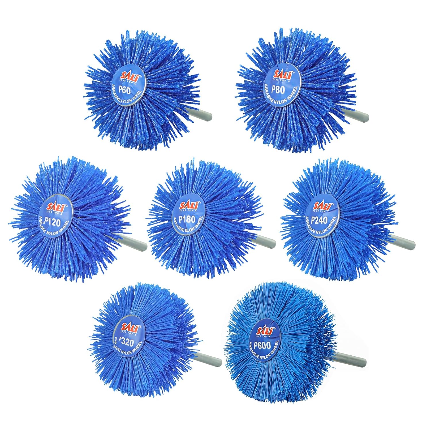 SALI Paquete de 7 cepillos de nailon abrasivo de grano mixto con vástago de 14 pulgadas, perfecto para eliminar óxido, corrosión, pintura, pulido de
