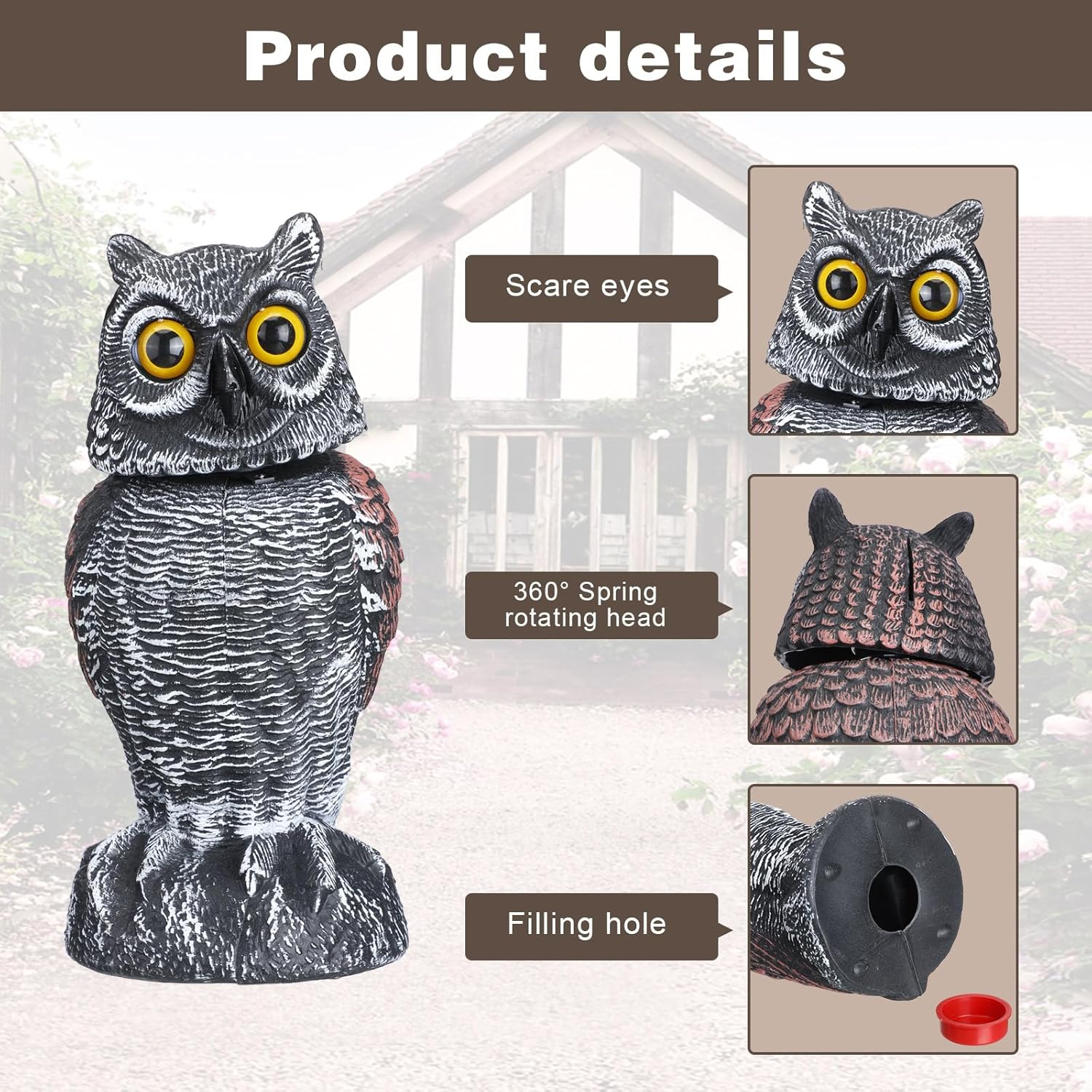 Paquete de 3 señuelos falsos de búho para asustar a los pájaros, cabeza giratoria de plástico, búho disuasorio, estatuas de espantapájaros para