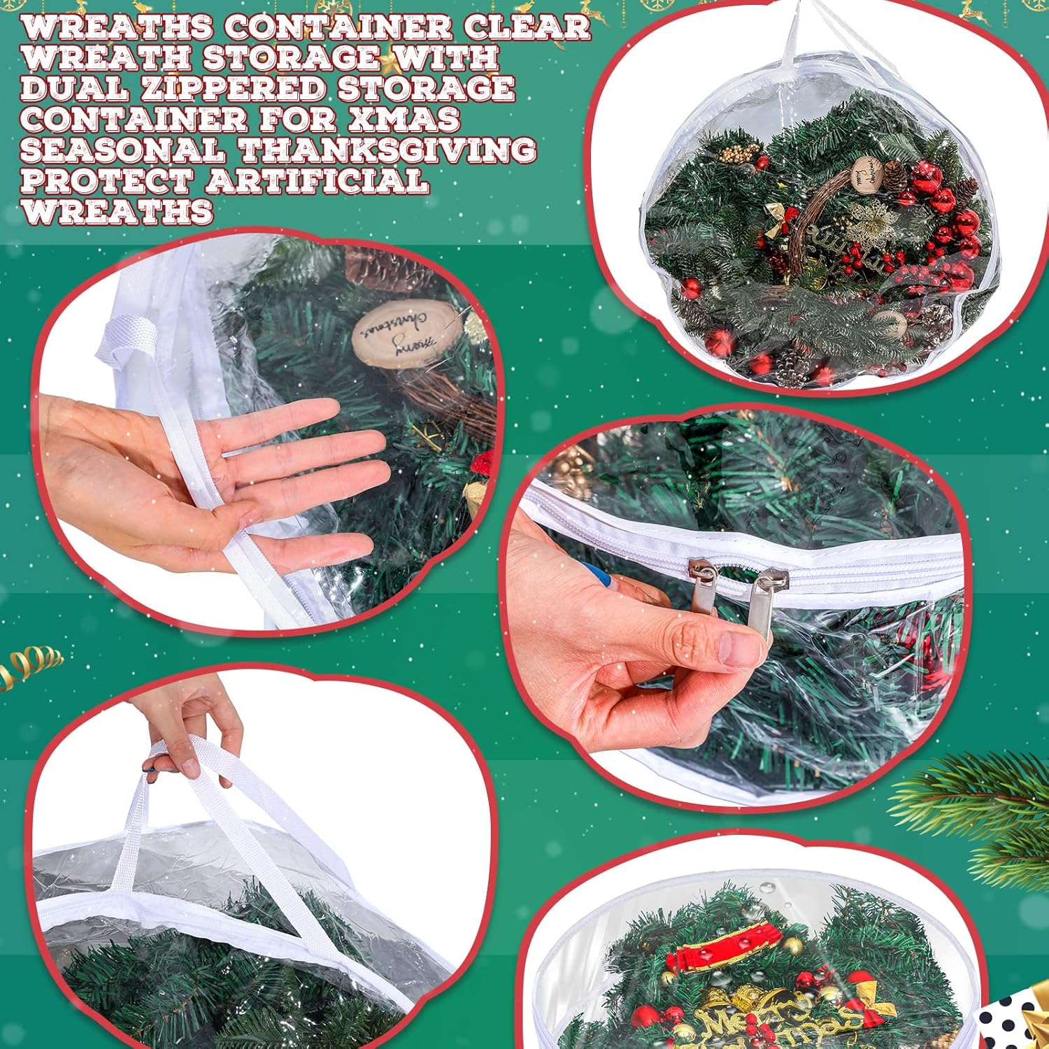 Contenedor de almacenamiento de corona de Navidad de 30 pulgadas y 24 pulgadas, paquete de 4 bolsas de almacenamiento transparentes para coronas de