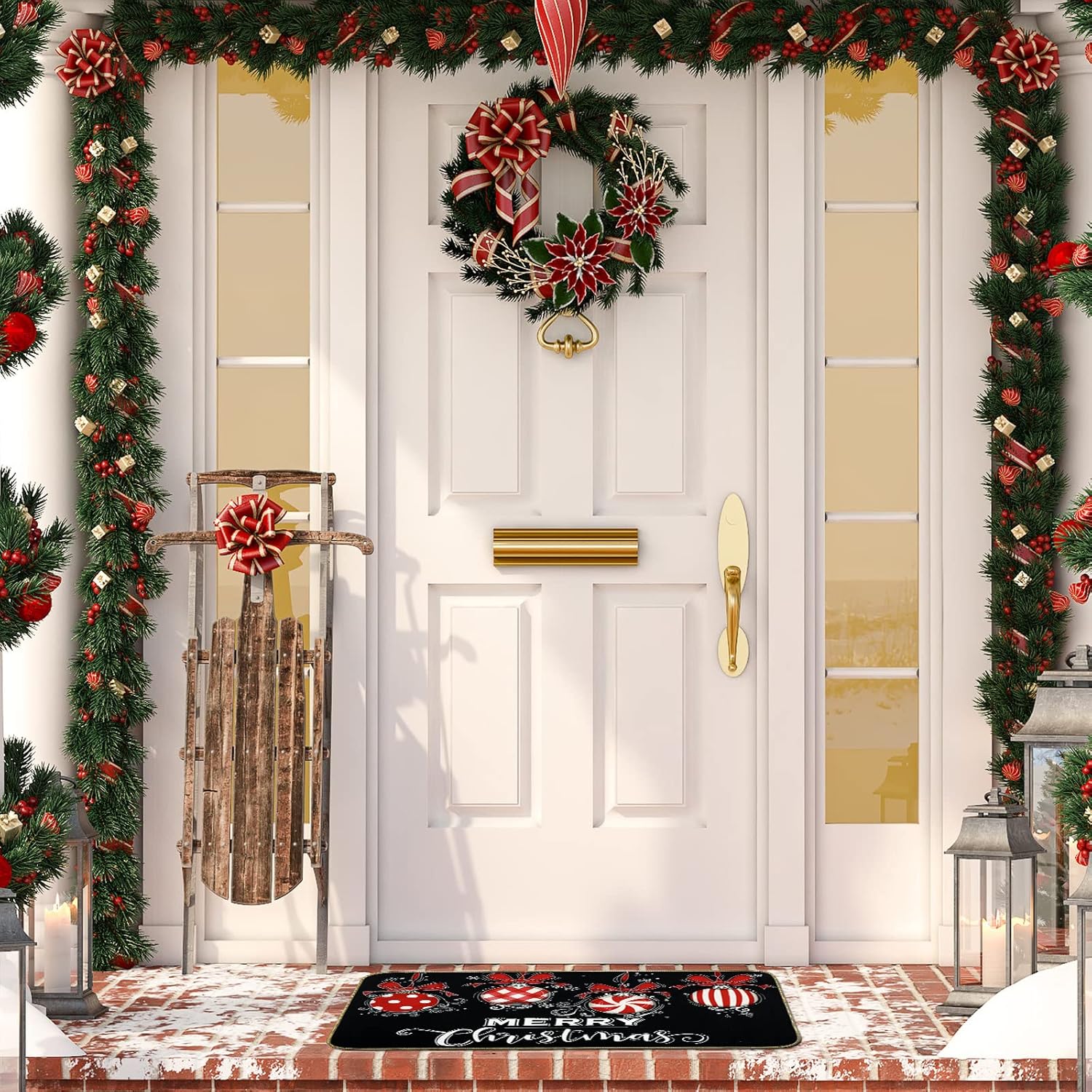AnyDesign Tapete de puerta de Navidad negro y rojo con parte trasera de goma antideslizante, para interiores y exteriores, para decoración de hogar,