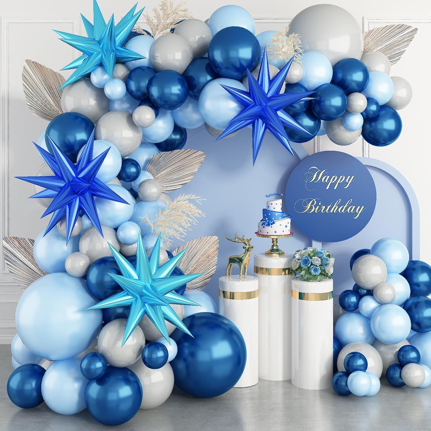 Kit de arco de guirnalda de globos azules, 112 paquetes de globos azules mezclados con globos de aluminio Starburst de 18, 12, 10, 5 pulgadas para