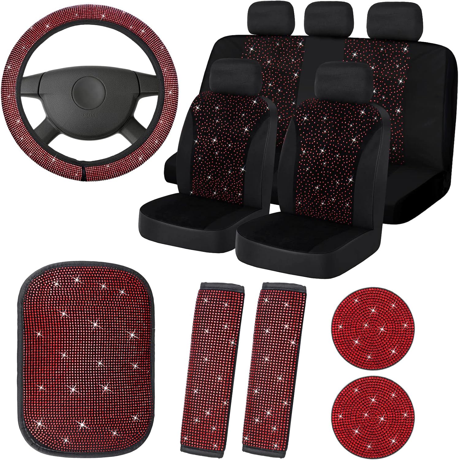 Juego completo de 15 fundas de asiento de automóvil de tela de terciopelo brillante, accesorios de automóvil negros para mujeres, funda de volante