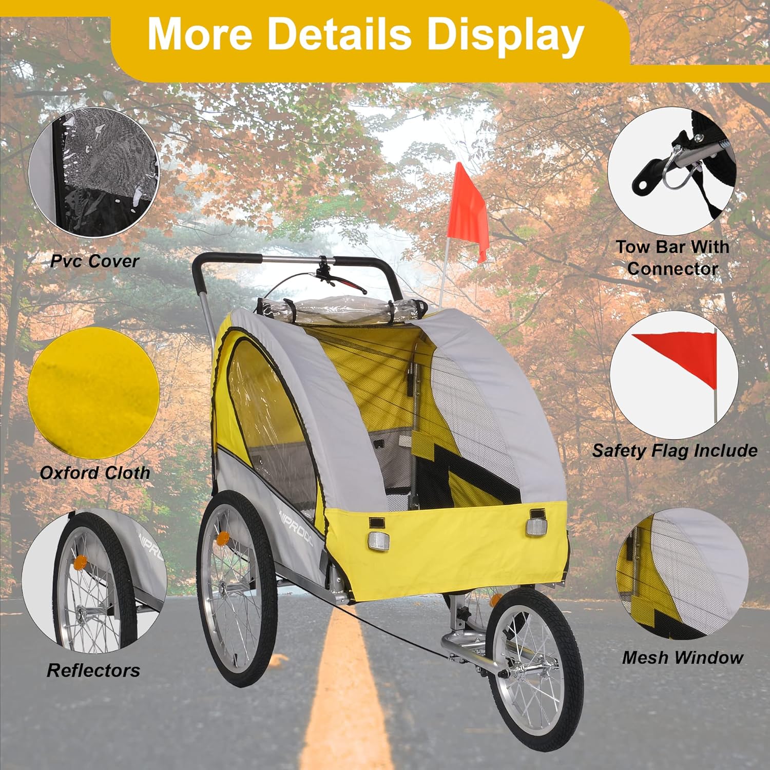 Carrito de remolque de bicicleta para perros, 2 en 1, para mascotas, para viajes, con reflectores, freno de estacionamiento, acoplador universal de
