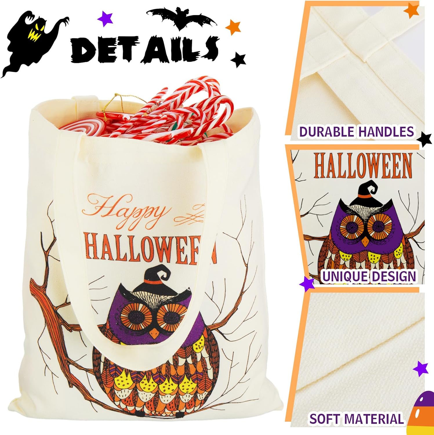 6 bolsas de lona de Halloween a granel reutilizables para dulces, bolsa de compras grande para Halloween, bolsas de truco o trato, diseño de