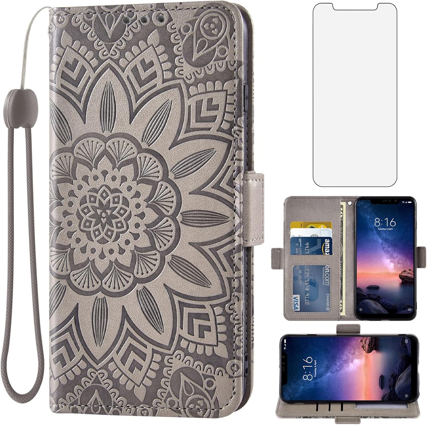 Asuwish Funda de teléfono para Xiaomi Redmi Note 6 ProNote6 con protector de pantalla de vidrio templado y billetera de cuero de flores, cubierta