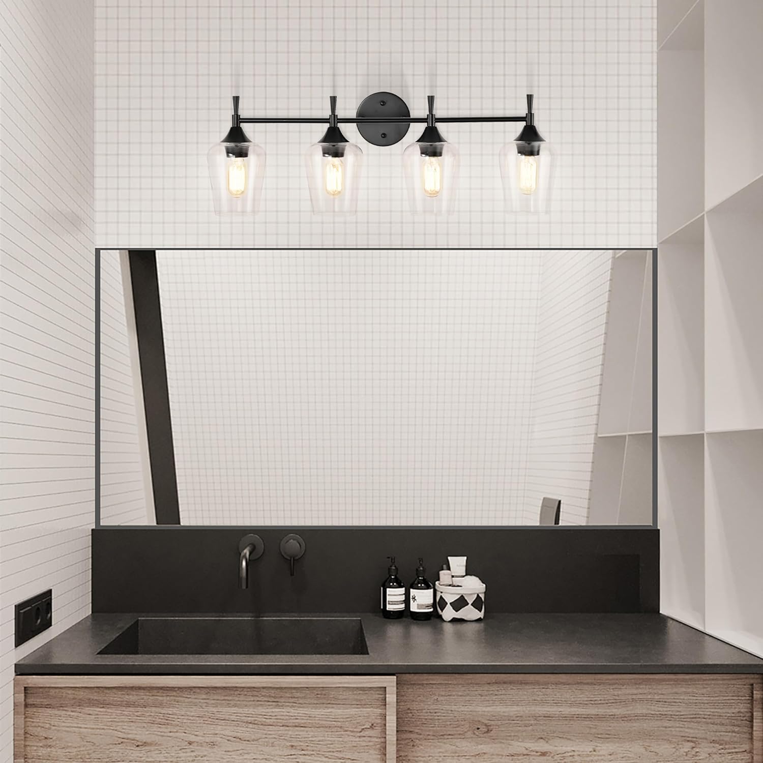 Edvivi Lámpara de tocador de baño de 4 luces, color negro mate clásico con pantalla de vidrio transparente, lámpara de pared para espejos,