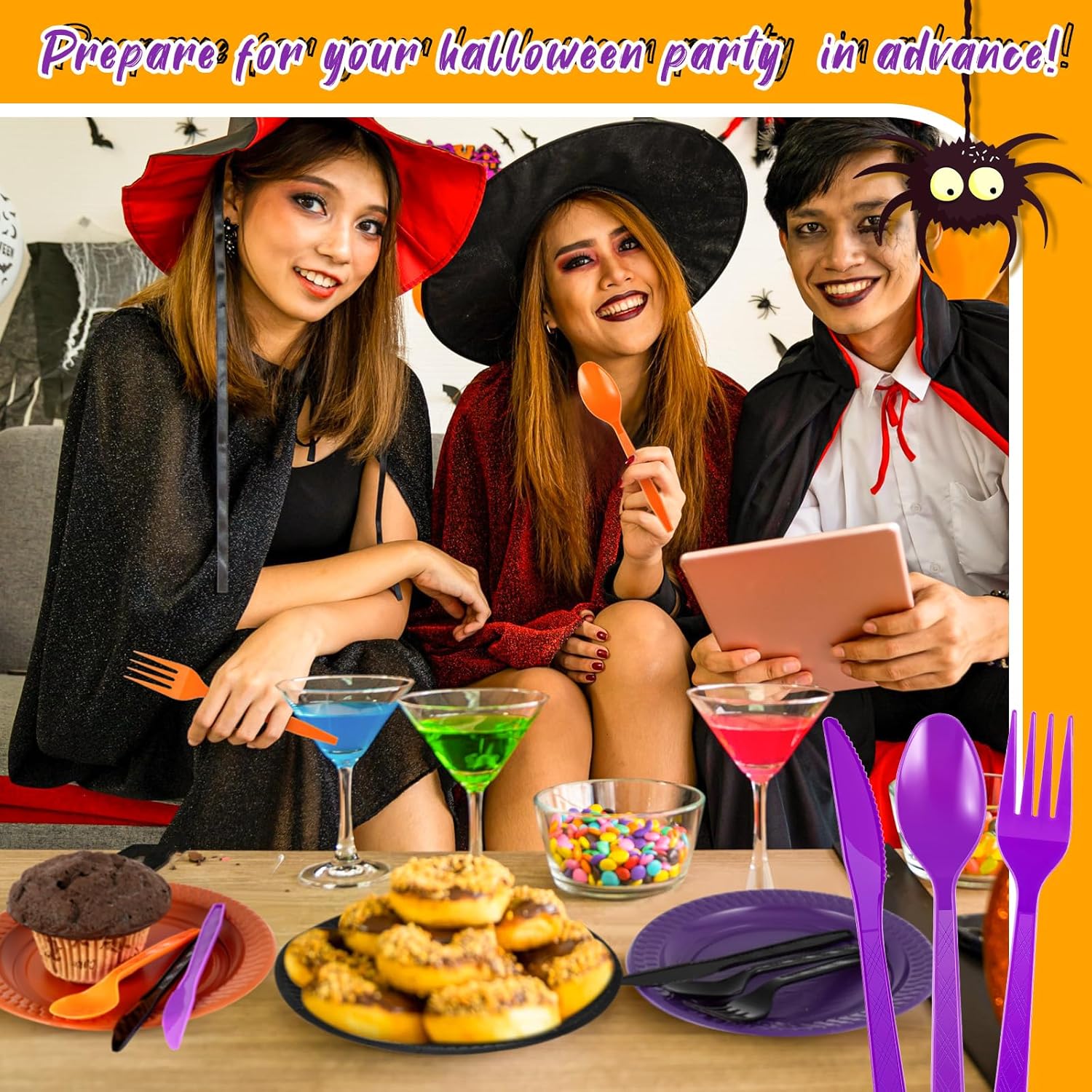 Juego de 540 cubiertos de plástico para Halloween, tenedores, cucharas y cuchillos, incluye 180 tenedores, 180 cucharas y 180 cuchillos para fiestas