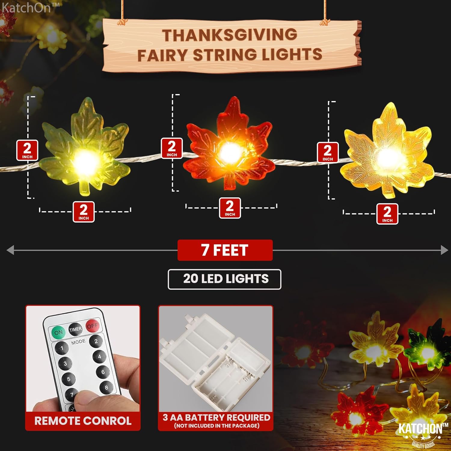 KatchOn, Guirnalda de luces de Acción de Gracias, 7 pies, 20 LED, 8 modos de luz, luces de otoño 3D que funcionan con pilas, luces de hadas con