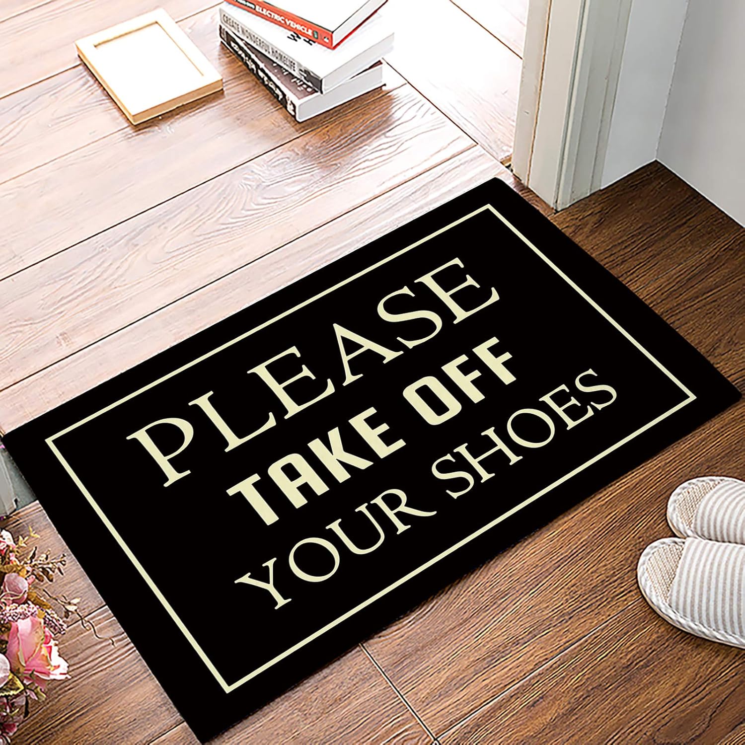Tapete para puerta de entrada, con citas divertidas, decoración de perfil bajo, por favor, quítate tus zapatos, alfombra antideslizante con fieltro