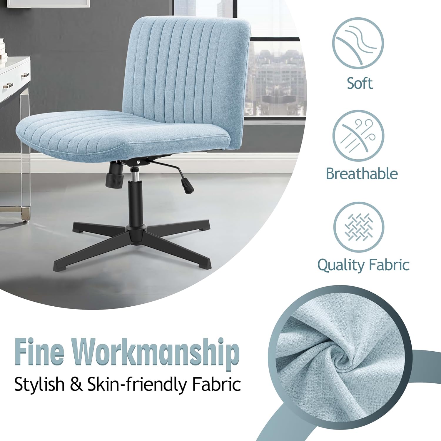 Brick Attic Silla de oficina sin brazos sin ruedas, silla ergonómica de escritorio giratoria, altura ajustable con patas cruzadas, cómoda silla de