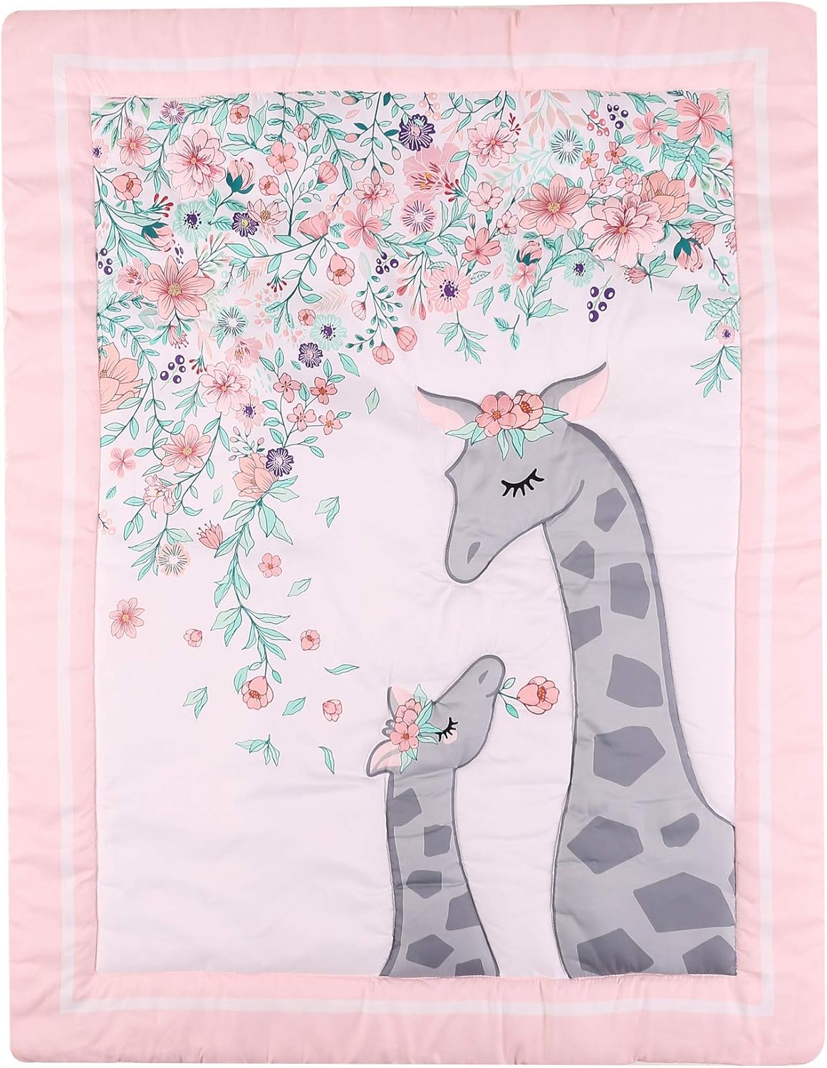 Juego de ropa de cama de cuna de jirafa rosa para niñas, juego de ropa de cama de cuna de jirafa floral incluye colchasábana bajera, falda, cenefa