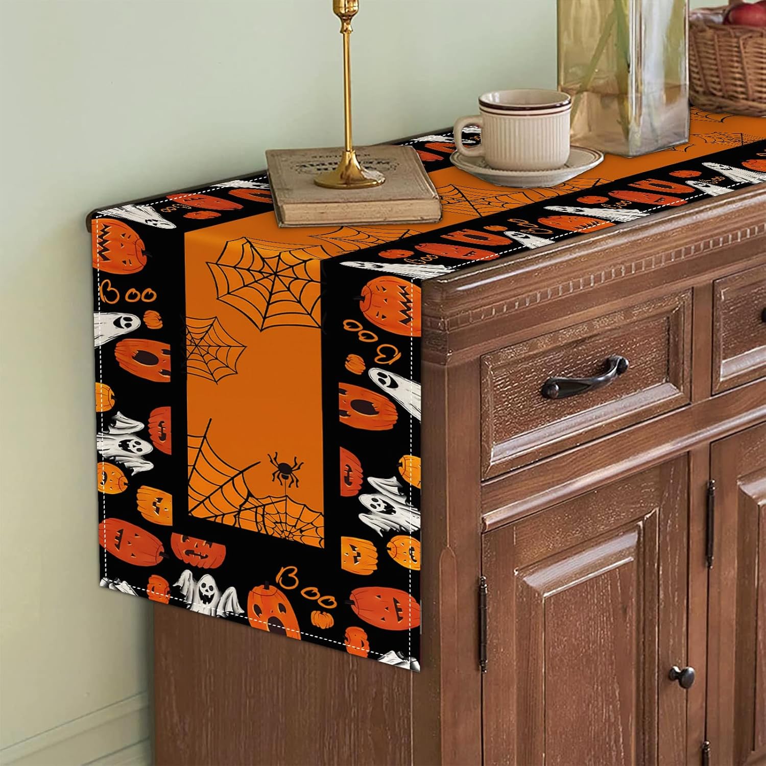 Camino de mesa de Halloween, calabaza, fantasma, bruja, murciélago, telaraña, decoración de mesa para cocina, comedor, café o decoración de fiestas