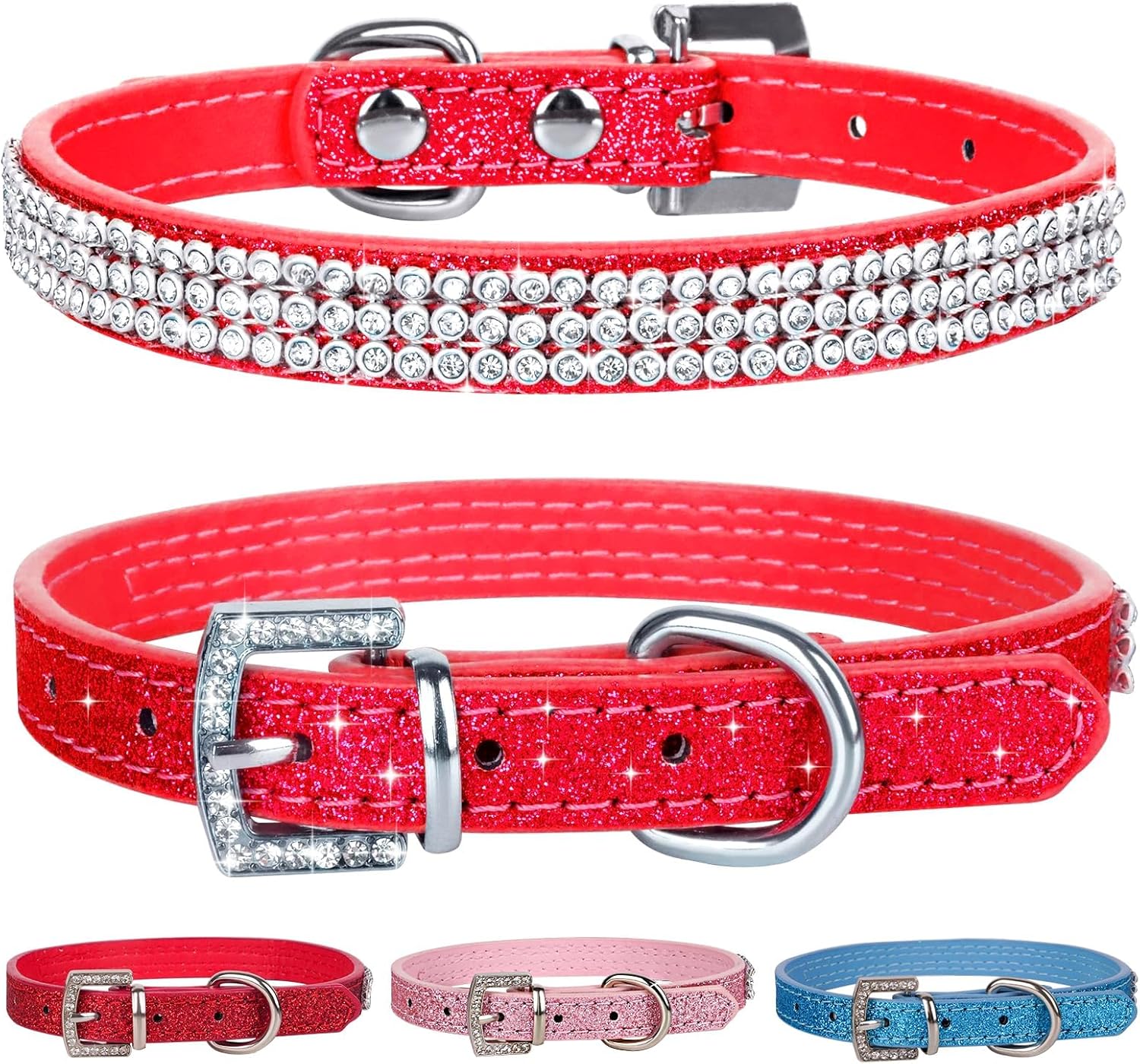 Apasiri Collar de perro con diamantes de imitación para perros pequeños, collar de cuero rojo, lindo collar de perro, collares brillantes para
