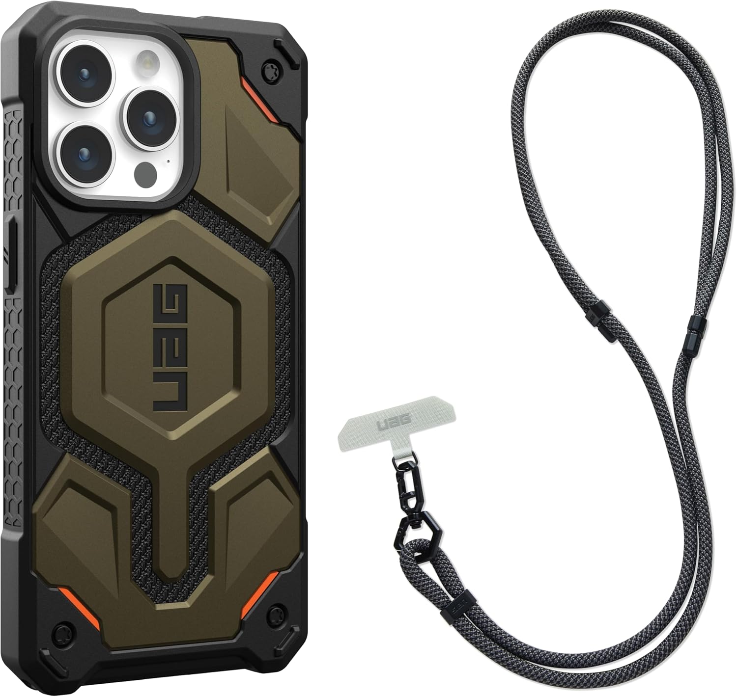 URBAN ARMOR GEAR UAG – Funda diseñada para iPhone 15 Pro Max Monarch Pro Kevlar Element Green de 6.7 pulgadas, paquete con cordón cruzado UAG para