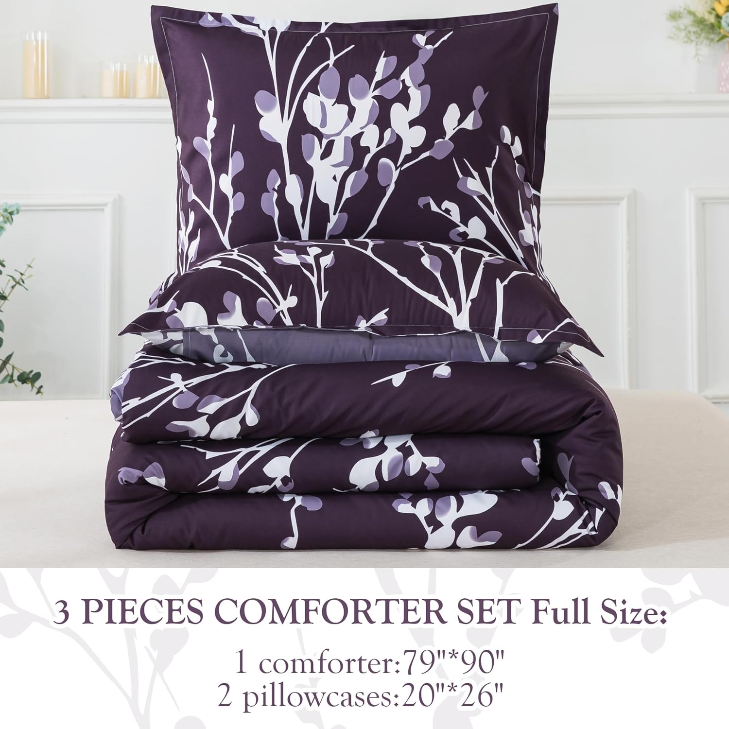 Andency Juego de edredón morado tamaño matrimonial (79 x 90 pulgadas)  Juego de cama reversible de 3 piezas de microfibra suave y ligera con ramas