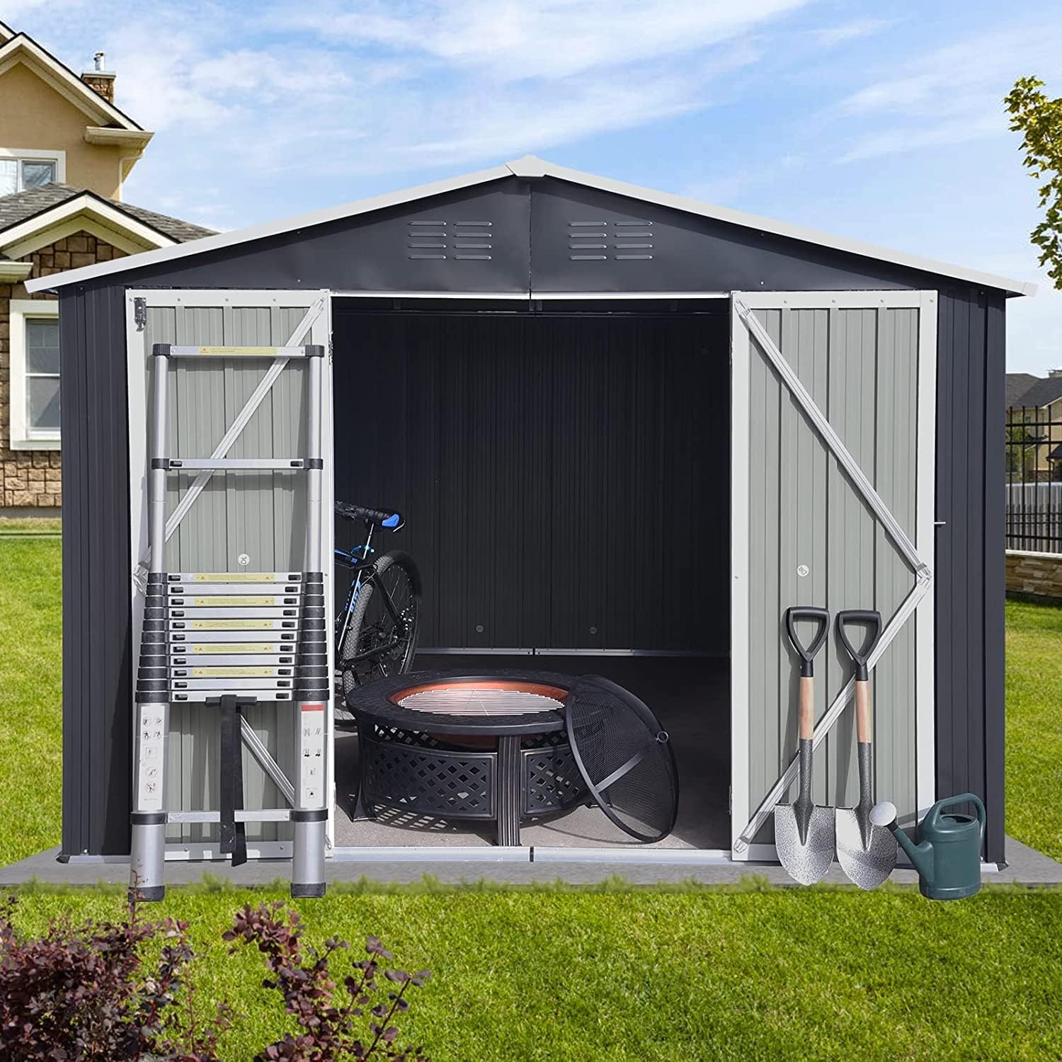 EMKK Cobertizo de almacenamiento para exteriores de 10 x 8 pies, kit de cobertizos de jardín de metal de acero galvanizado con puerta doble con