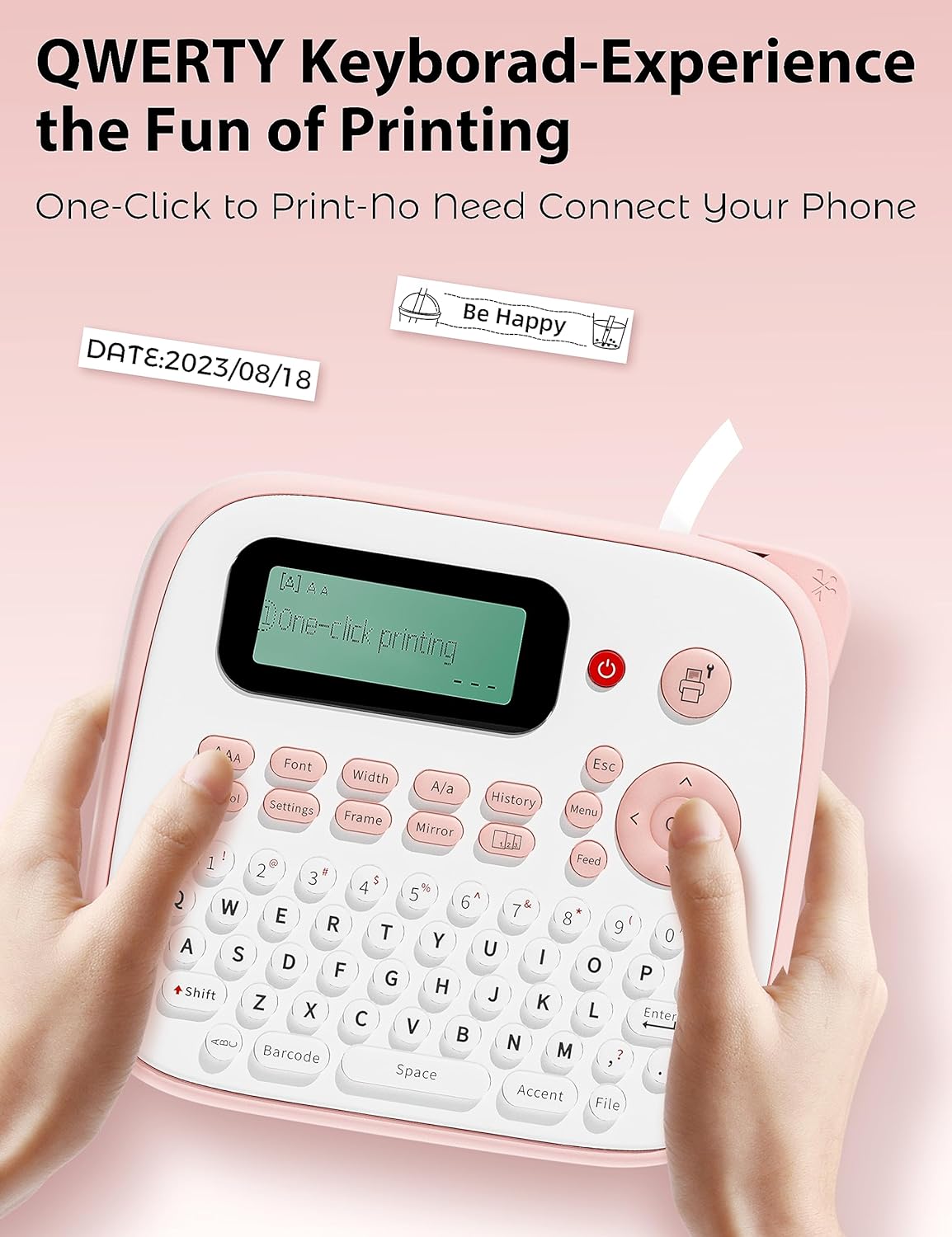 Etiquetadora D210S rosa, etiquetadora de teclado QWERTY, cortador integrado, dos modos de fuente de alimentación