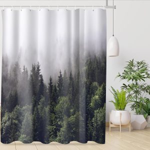 Guo Long Xu Misty Forest – Juego de cortinas de ducha de tela impermeable para baño, árbol natural, montaña, bosque, decoración de baño, cortina con Guo Long Xu Misty Forest – Juego de cortinas de ducha de tela impermeable para baño, árbol natural, montaña, bosque, decoración de baño, cortina con
