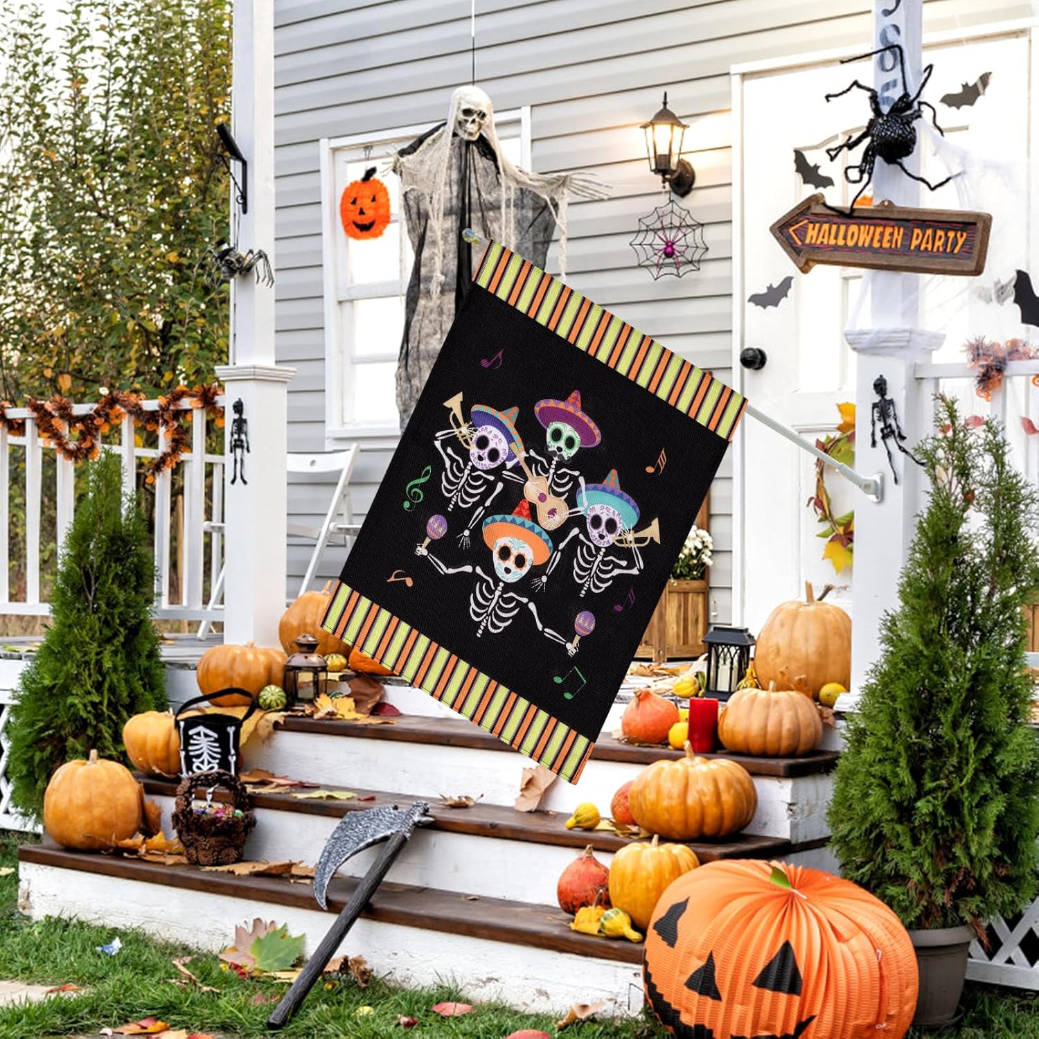 Banderas de jardín de Halloween, banderas de jardín de doble cara de 12 x 18 pulgadas, banderas de arpillera de esqueleto para exteriores,