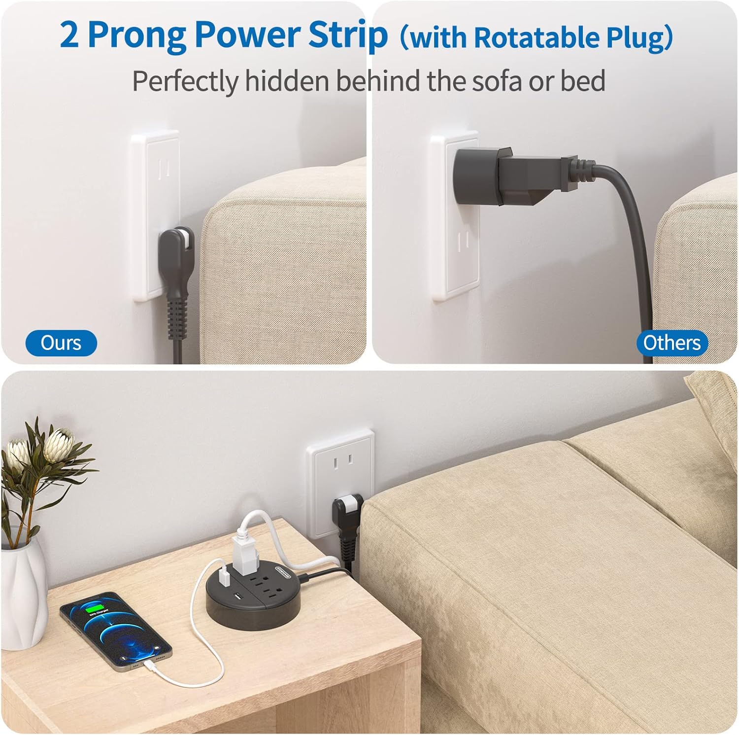NTONPOWER Regleta de alimentación de 2 clavijas, adaptador de salida de 2 clavijas a 3 clavijas, cable de extensión de 2 clavijas de 5 pies, enchufe