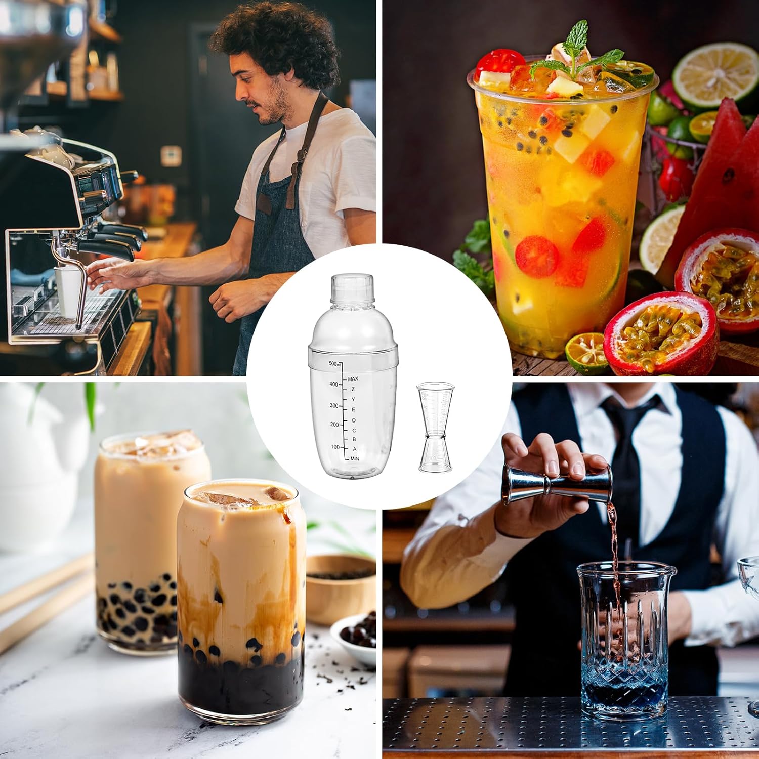 Juego de 6 cocteleras de plástico de 17 onzas, coctelera y jigger de medición, herramienta de mezcla de vino, mezclador de bebidas con marca,