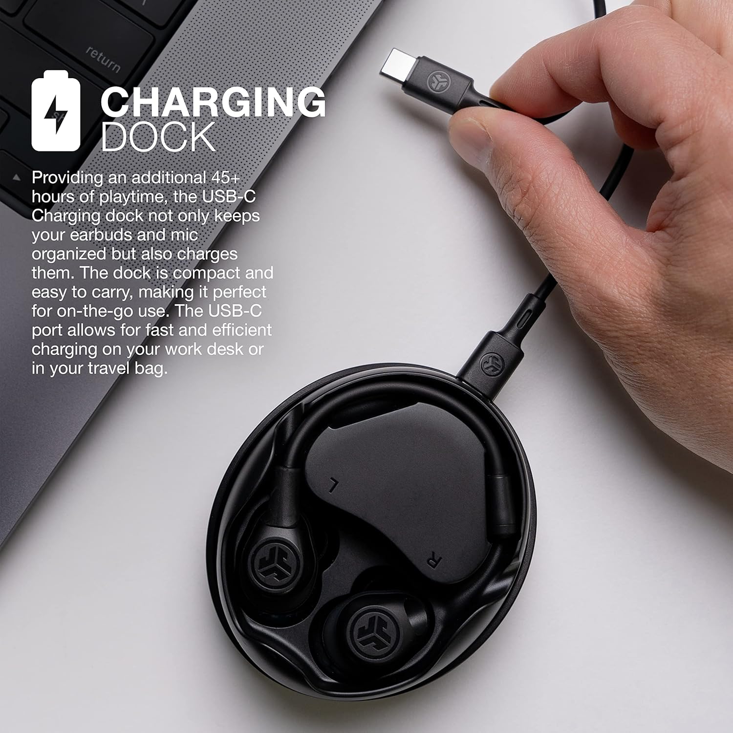 JLab Work Buds – Auriculares intrauditivos inalámbricos con micrófono desmontable con cancelación de ruido, negro, largo más de 55 horas totales de