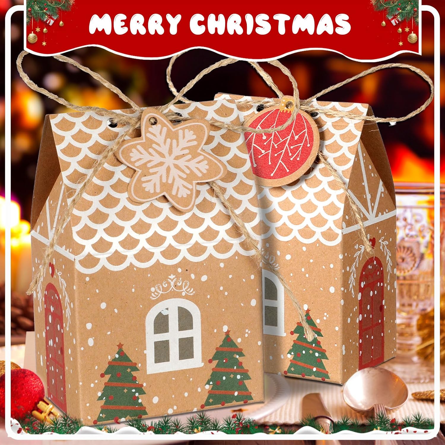 Qeeenar 200 bolsas de regalo de papel kraft de Navidad, 6 estilos, bolsas de dulces de Navidad, cajas de dulces de Navidad para galletas, regalos de