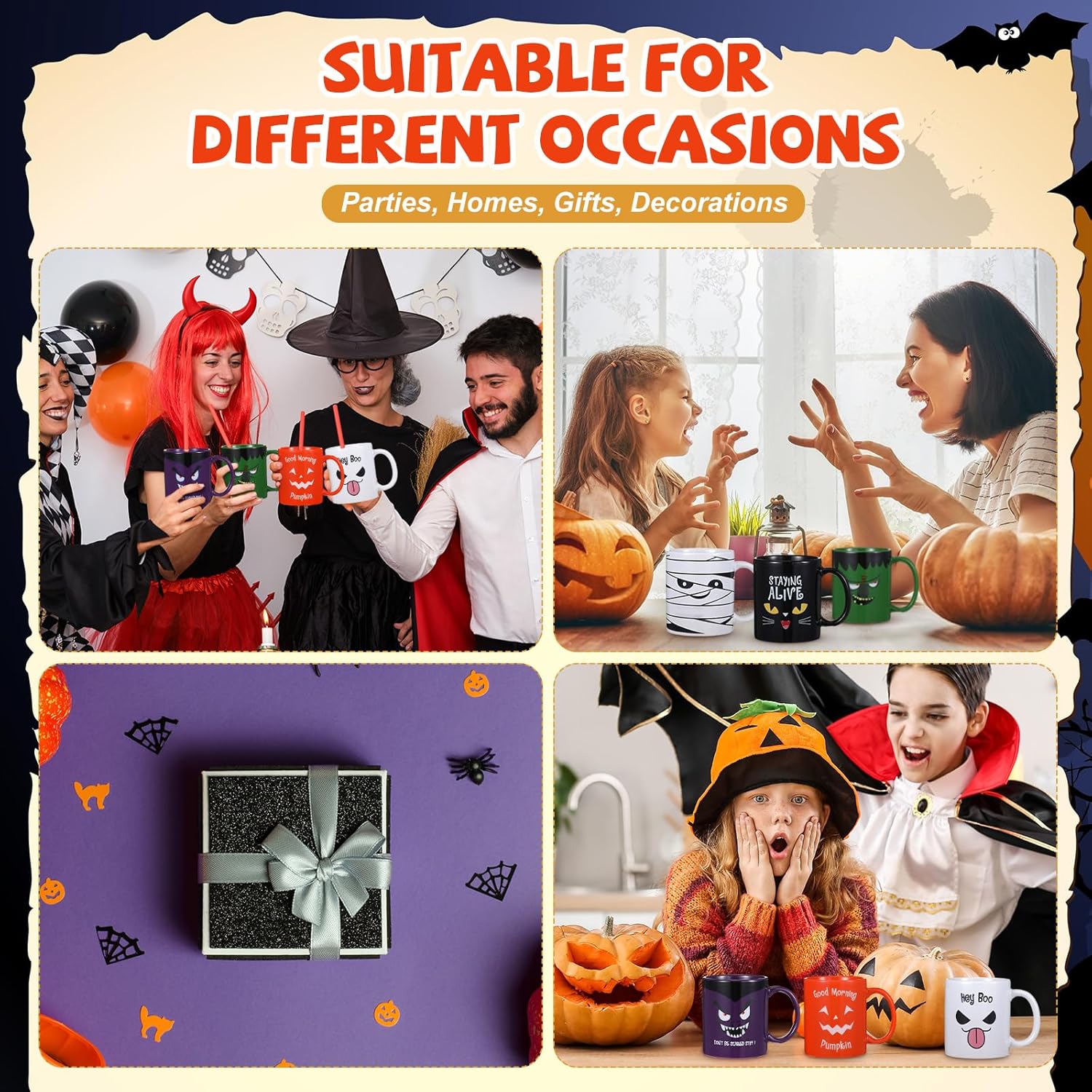 Lallisa Juego de 6 tazas de Halloween de 13 onzas, calabazas, gatos, fantasmas, tazas de cerámica a juego para Halloween, hogar, escuela, oficina,