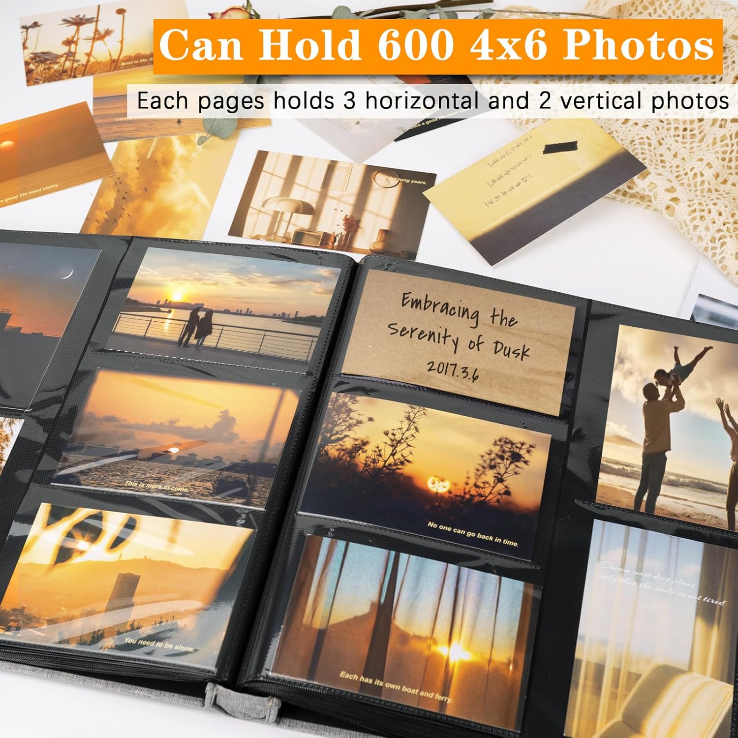 Álbum de fotos de lino de 4 x 6 pulgadas, 600 fotos, bolsillos verticales, solo cubierta de tela, álbumes, boda, escuela, aniversario familiar,