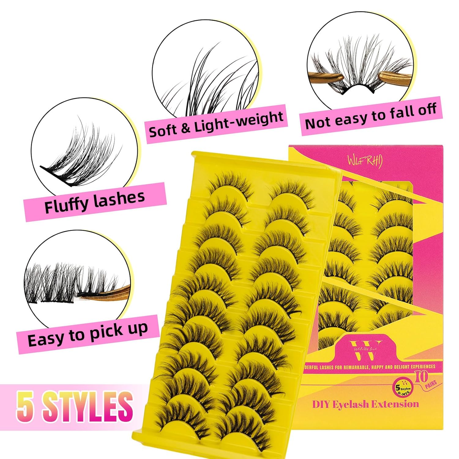 WLFRHD – Extensiones de pestañas rizadas en D, de 0.47 a 0.55 pulgadas de longitud, pestañas individuales, naturales, delgadas, reutilizables,