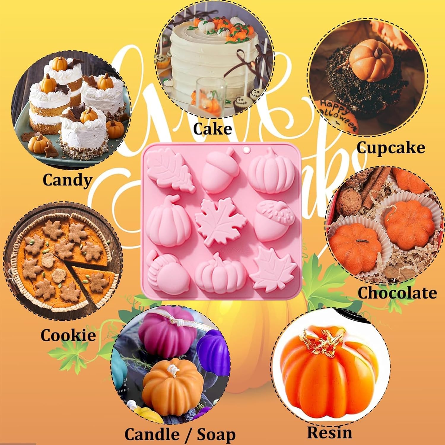 Molde de fondant de Halloween, 2 moldes de caramelo, lindo molde de silicona con patrón de hoja de arce de calabaza 3D, molde de 9 rejillas, molde