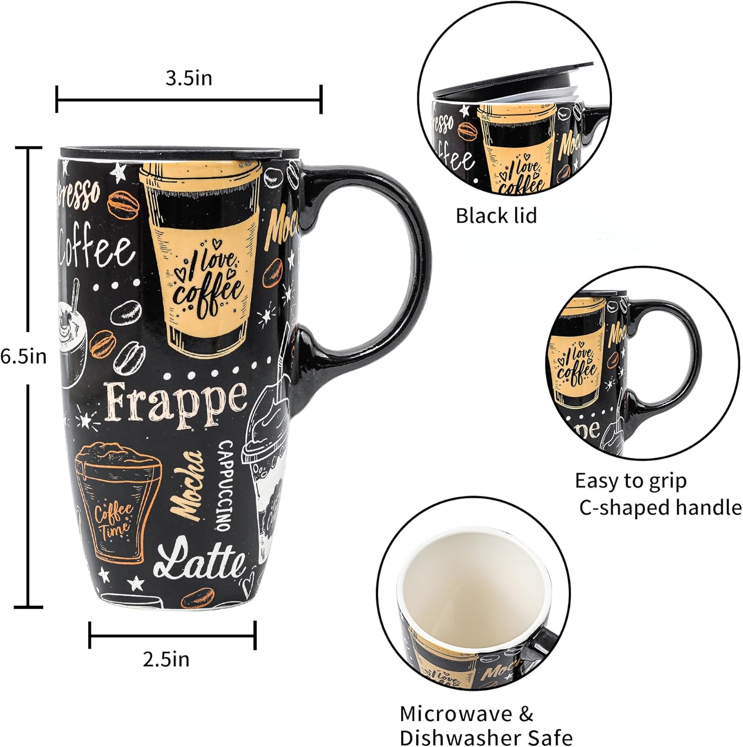 Topadorn Taza de cerámica de porcelana Latte Tea Cup Taza de café con caja de regalo, 17oz.Taza de viaje con tapa, estilo café