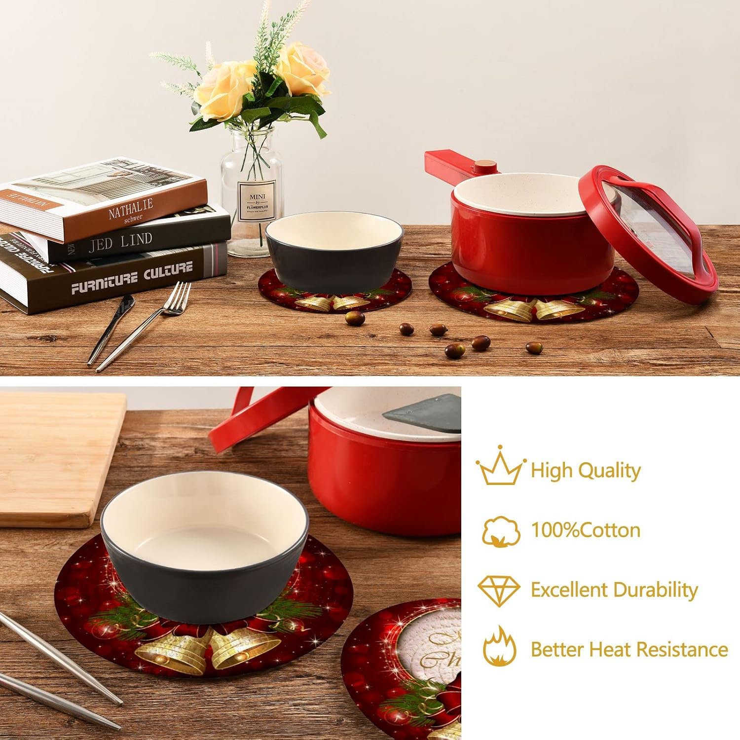 Juego de salvamanteles de campana de Navidad, almohadillas para cocina, resistentes al calor, feliz año nuevo, salvamanteles decorativos para platos