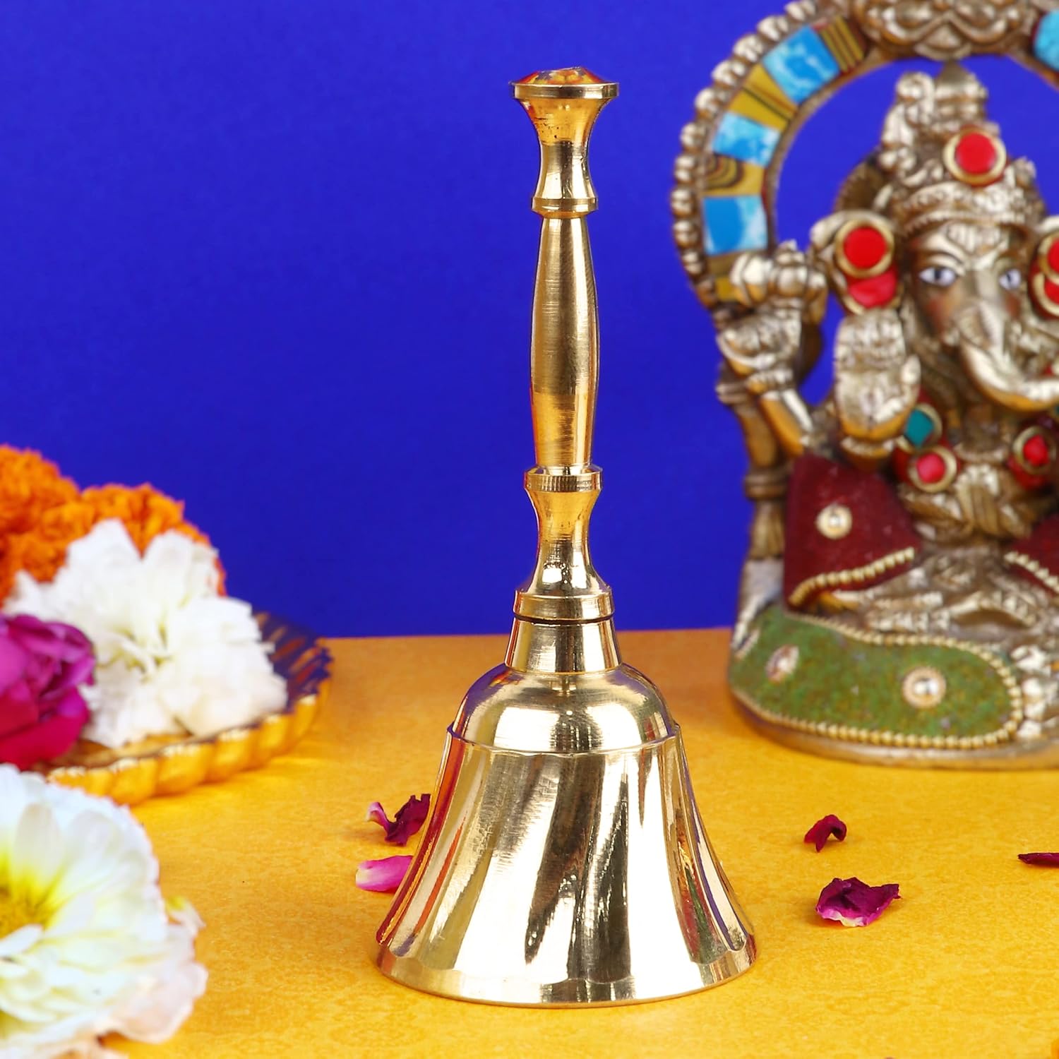 SATVIK – Campana de latón de mano pequeña de 4 pulgadas para Puja, campanas tradicionales para mandir, ideal para Puja diario, regalo y sonido