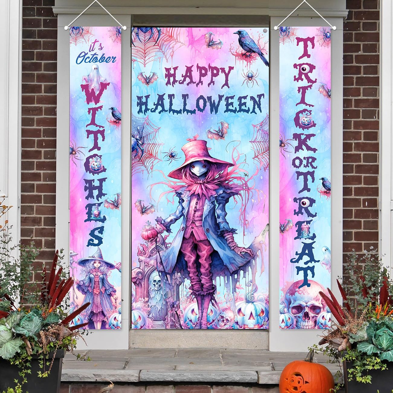 Decoraciones de Halloween al aire libre Trick or Treat & It’s October Witches Front Porch Banners para decoración de puerta de Halloween decoración