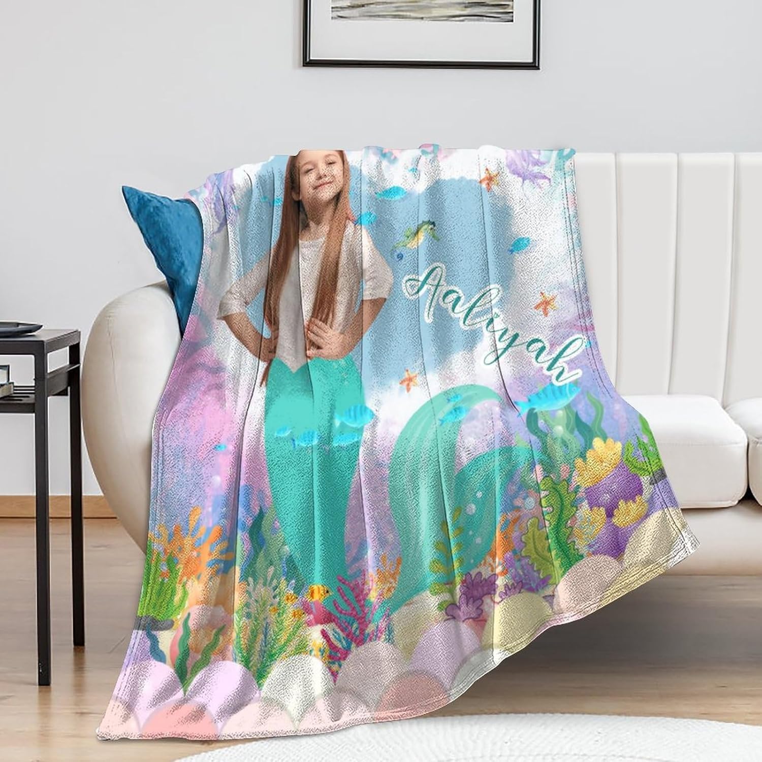 Manta personalizada de sirena para niñas pequeñas, manta personalizada para niños con foto y nombre, manta personalizada de sirena para niños recién