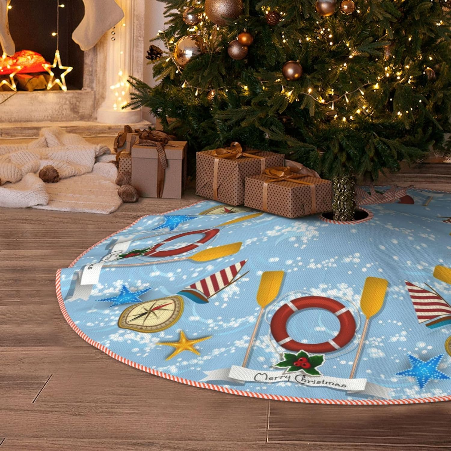 Falda de árbol de Navidad, náutico, decoración de Navidad temática costera, para fiestas de vacaciones, decoración de árbol de Navidad, interiores y