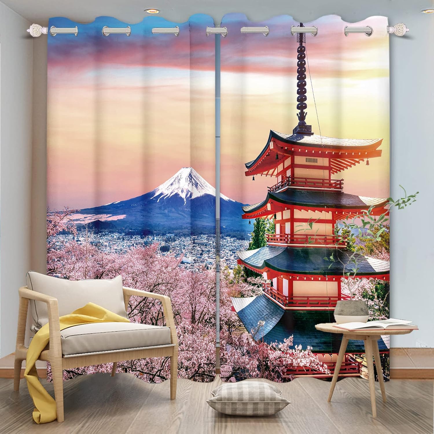 Cortinas japonesas con diseño de volcán japonés, pabellón de volcán japonés, para dormitorio, sala de estar, puesta de sol, nieve, montaña, cortinas