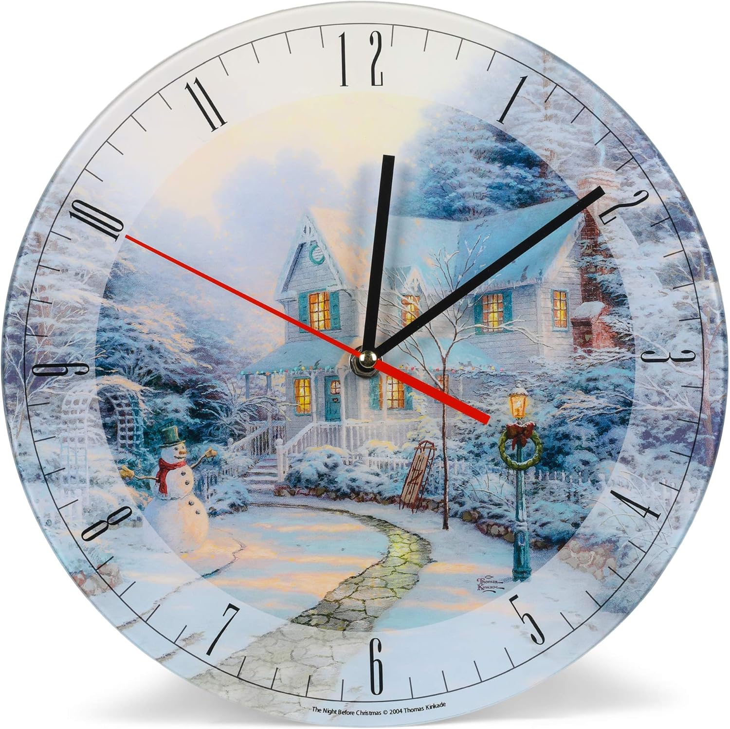 Mark Feldstein & Associates Night Before Thomas Kinkade Winter White – Reloj de pared redondo de cristal de 12 pulgadas
