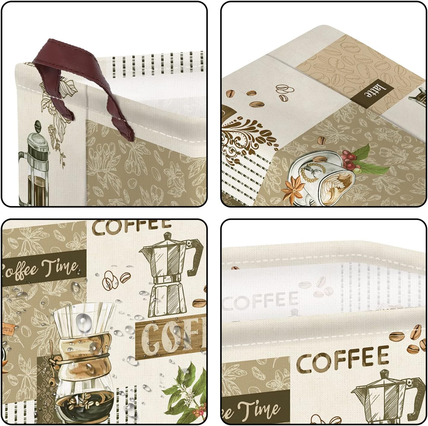 Clastyle Cesta de almacenamiento grande con temática de café, taza de granos de café, aperitivos, cocina, cesta rectangular marrón para ropa, libro