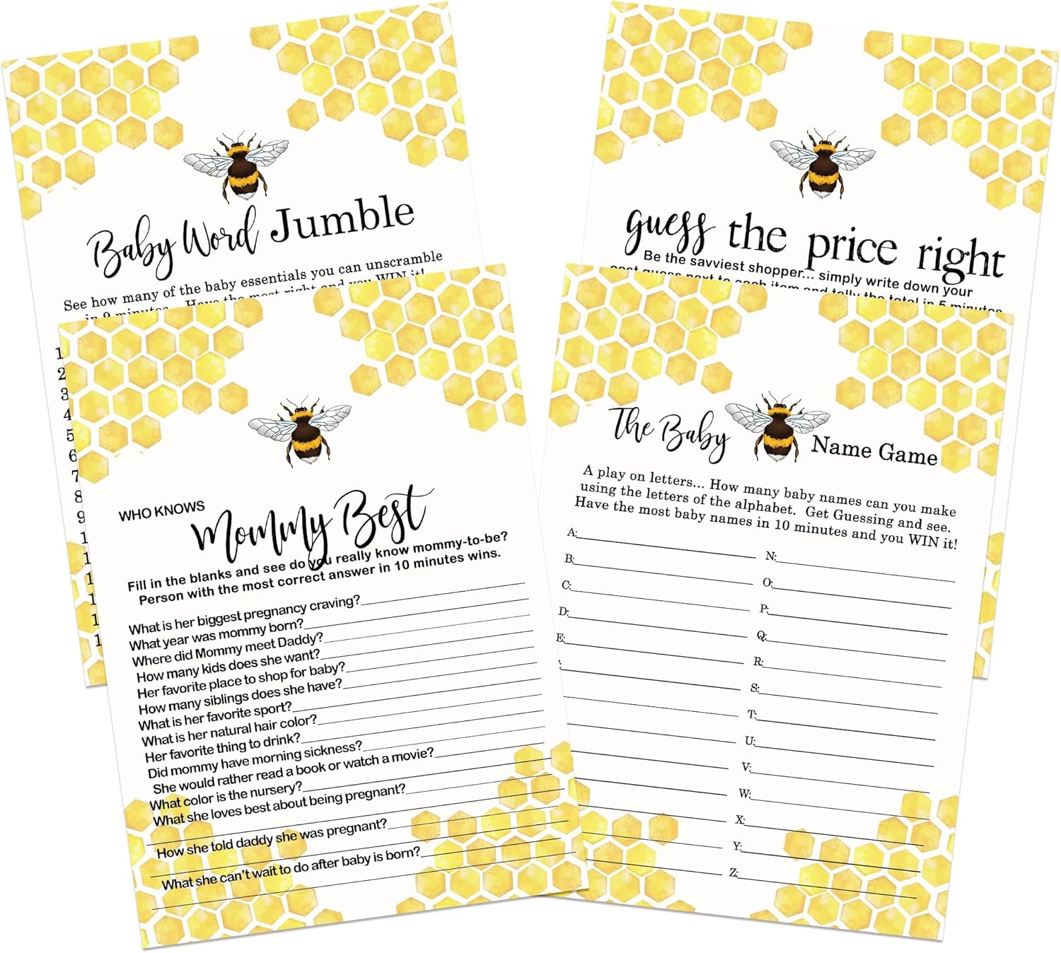 Bumblebee – Juego de baby shower para 25 invitados, juego de 4 juegos de doble cara que conoce a mamá, Word Scramble, juego de nombre de bebé,