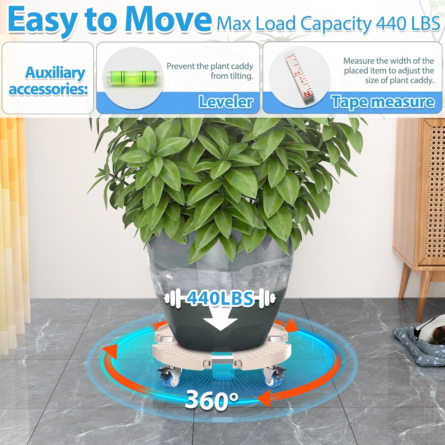 Organizador de plantas con ruedas, capacidad de 440 libras, soporte ajustable para plantas de 15 a 22 pulgadas, carrito grande para plantas con