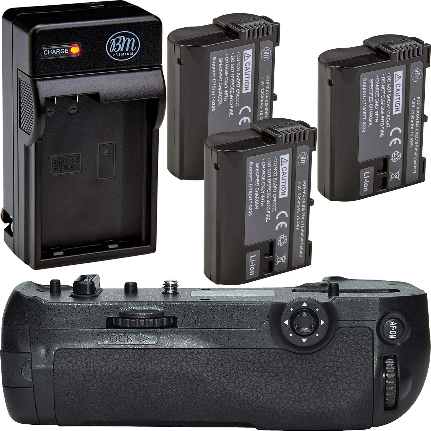 Kit de agarre de batería para cámara digital SLR Nikon D850, incluye 3 baterías BM Premium EN-EL15 + cargador rápido de batería ACDC + agarre de
