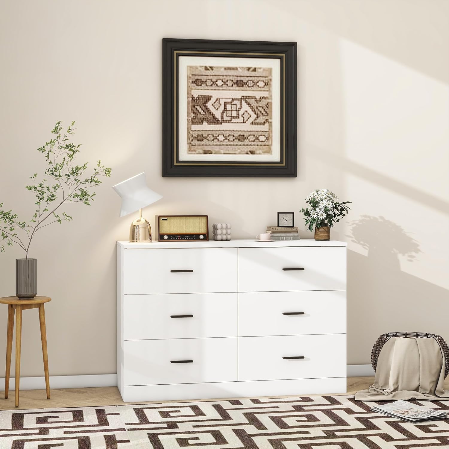Cómoda moderna de 6 cajones para dormitorio, cómoda ancha de madera para almacenamiento en el suelo, organizador de cajones laterales con asas de