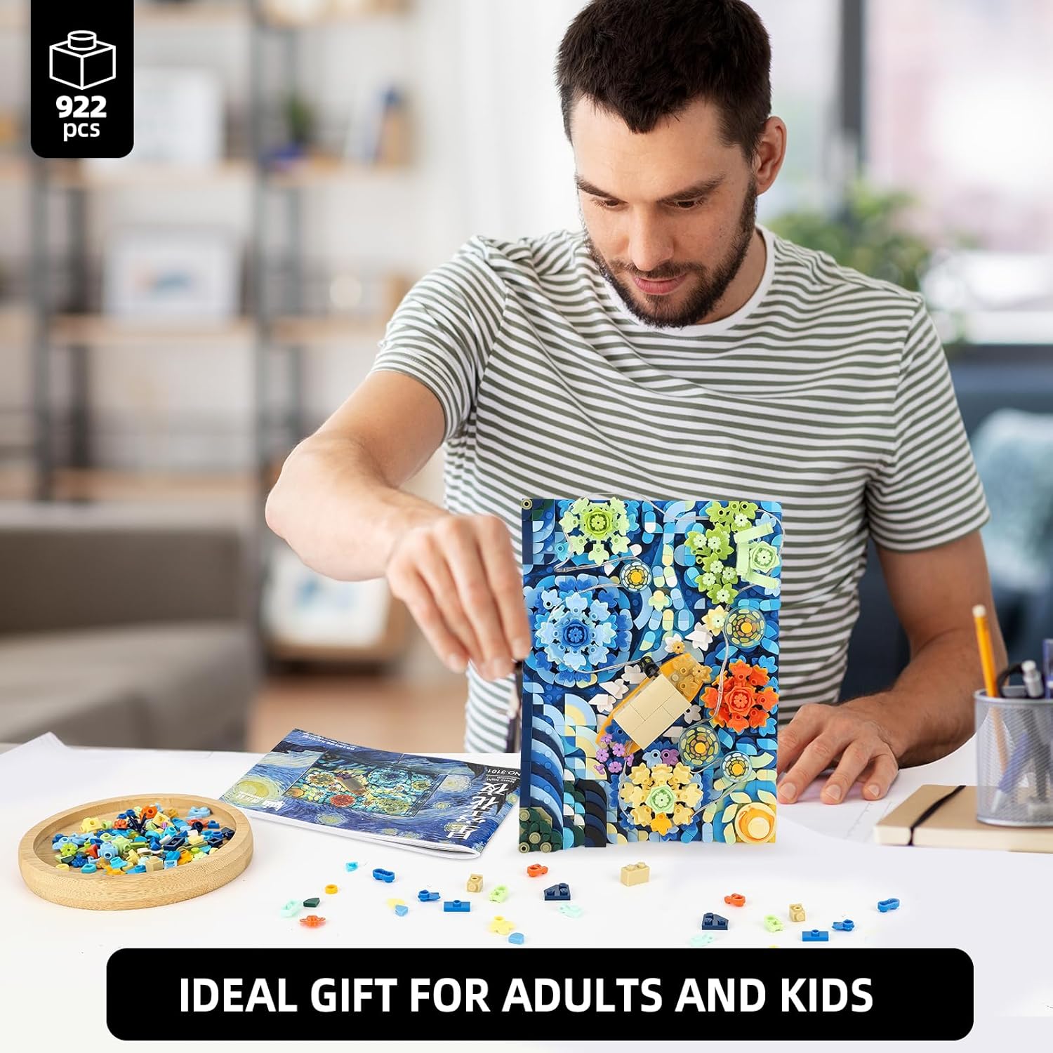 QLT QIAOLETONG Ideas The Starry Night Flowers Mini bloques de construcción para adultos, juego de construcción de Vincent Van Gogh con iluminación,