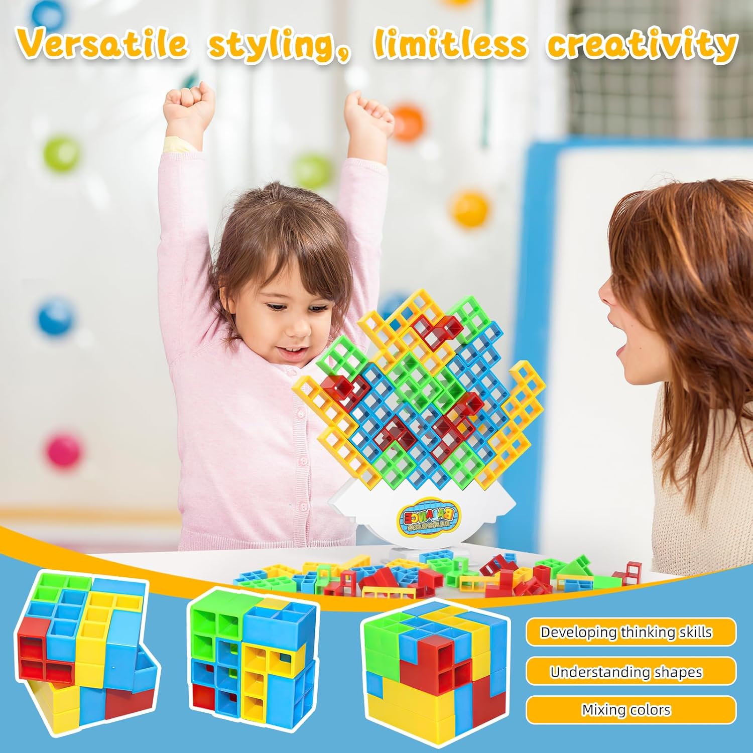 Juego de 48 bloques apilables de equilibrio de TetraTorre, columpio apilable, juguete de construcción de equilibrio para niños, juego de