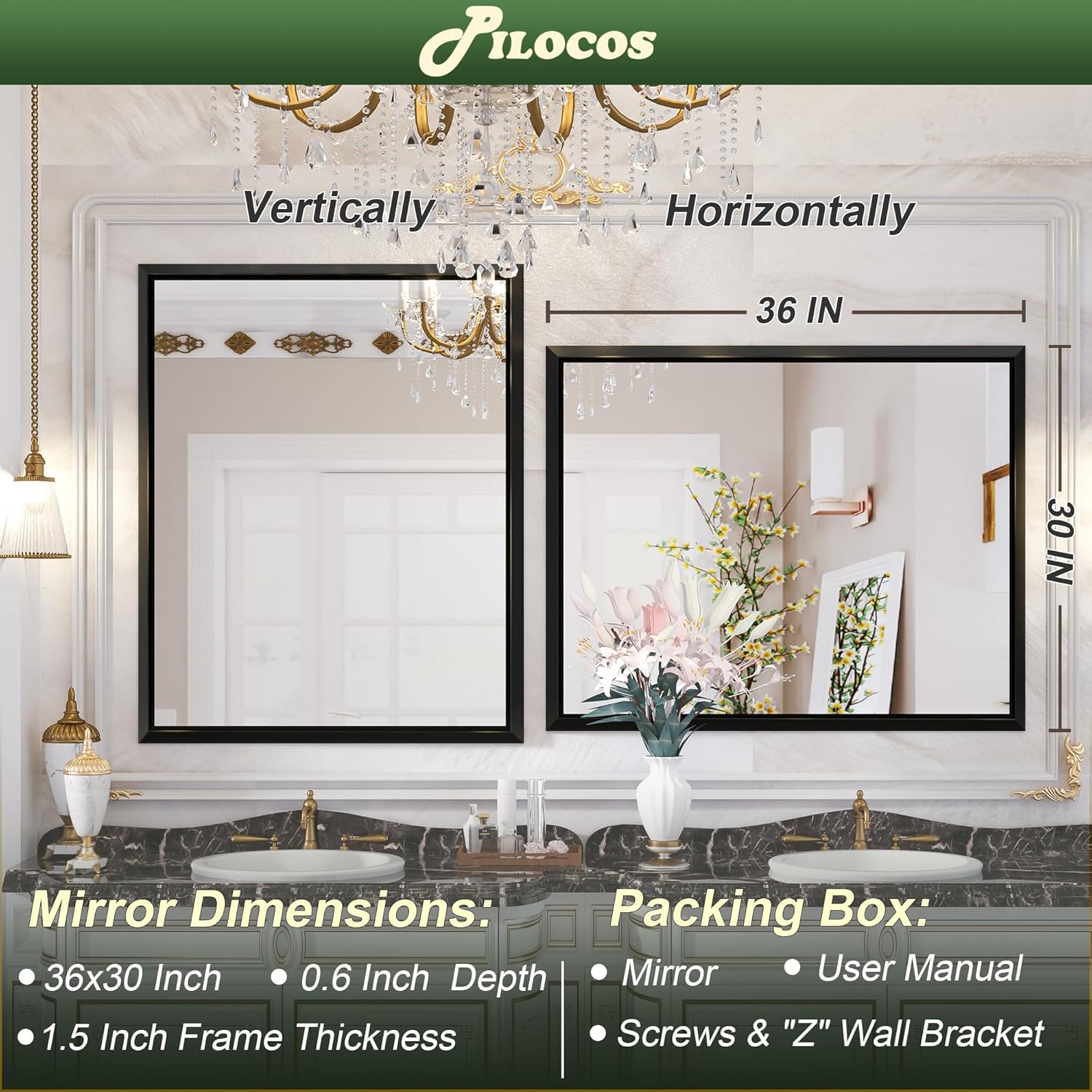 Espejo de baño con marco negro de 36 x 30 pulgadas para pared, espejo rectangular de tocador de baño, espejo de pared negro mate con marco biselado