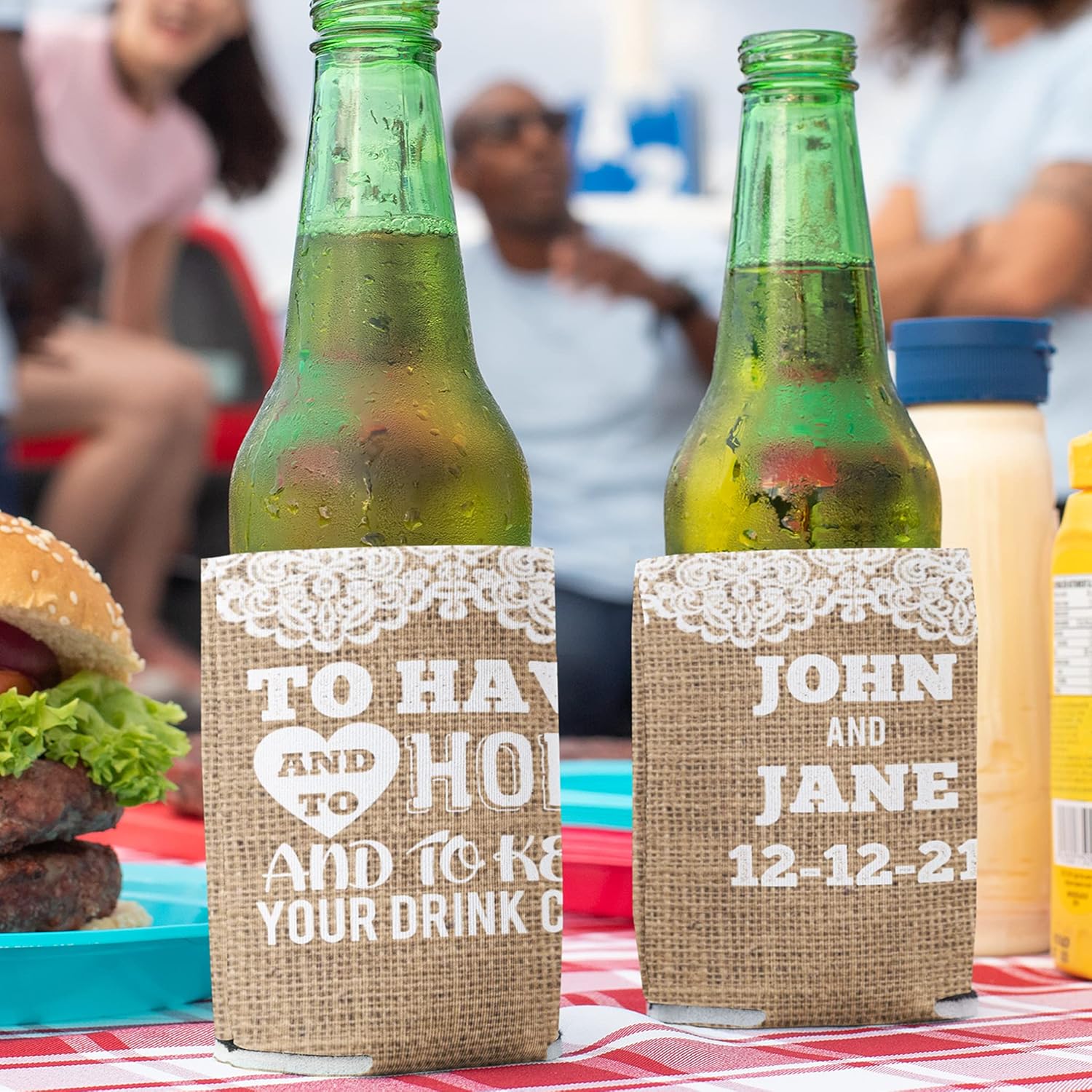 VictoryStore Enfriadores de latas y bebidas arpillera rústica personalizada para tener y sostener enfriadores de latas de boda (150)